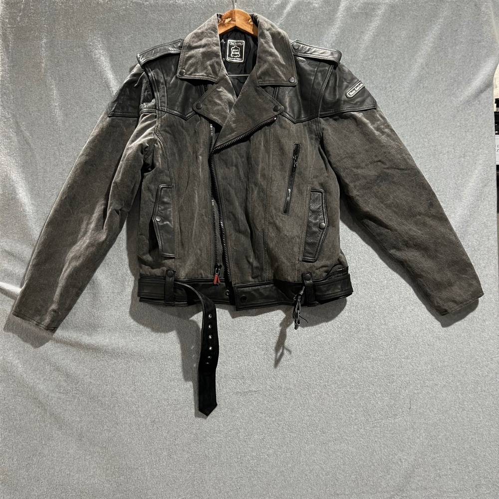 Hein Gericke Mens Vintage Leather/ Canvas Motorcycle Jacket Grey Black Biker L